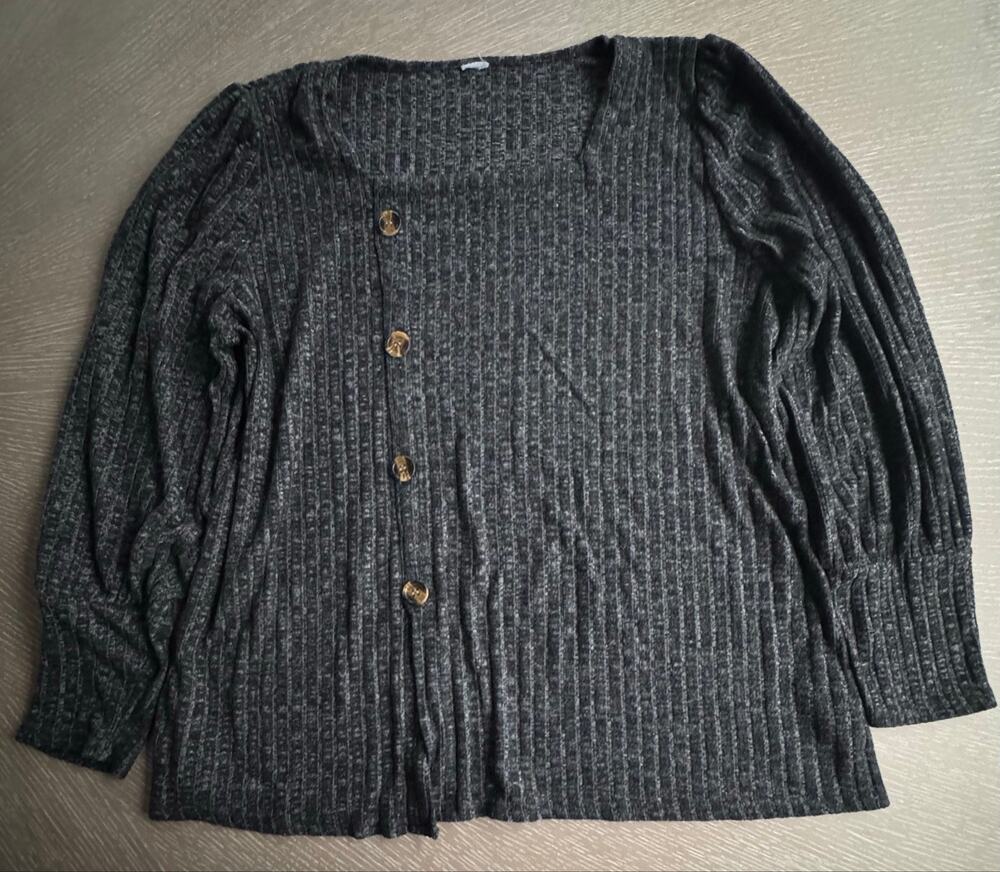 Women's Plus Charcoal Grey Ribbed Knit Asymmetric Faux Button Top 1X/2X